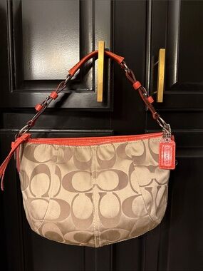 Coach 12675 Signature C Khaki Jacquard Hobo Shoulder Bag Coral Leather